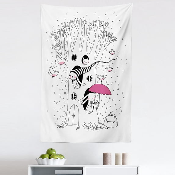 Magic Tapestry, Minimalist Habitat Drawing with Rabbits Tree Hole Houses in Rainy Day Hollow Design, Fabric Wall Hanging Decor for Bedroom Living Room Dorm, 5 Sizes, White Pink, by Ambesonne