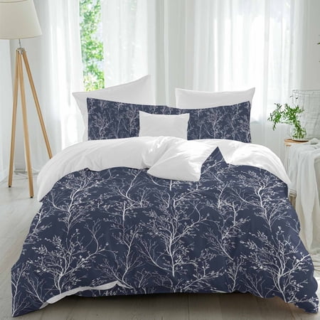 Dark Blue Comforter Set Queen Size White Tree Branch Botanical Abstract Plant Leaves Soft Bedding Set for Man Woman 4 Pieces Duvet Cover Set with Fitted Sheet 2 Pillowcases