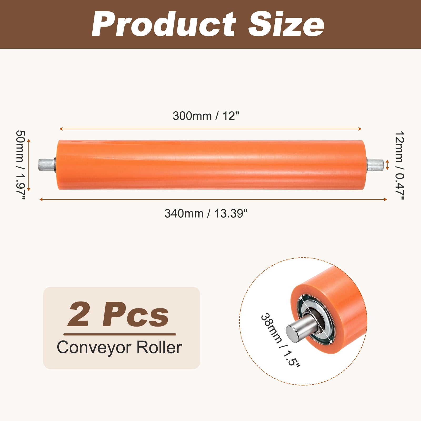 Uxcell 2" Dia 12" Long Conveyor Roller, 2Pcs Rubber Coated Galvanized Carbon Steel Heavy Duty Industrial Transfer Accessories for Kayaks Raft Conveyors Roller Stands Woodworking, Orange