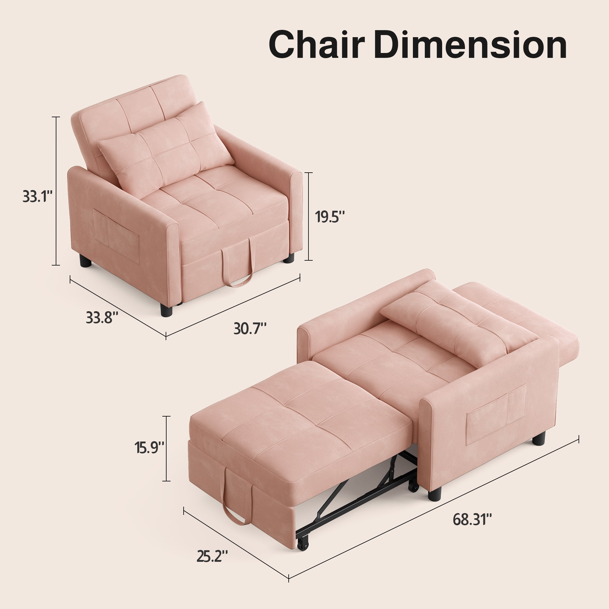 3-in-1 Convertible Sleeper Chair, Lightweight Foldable Sofa Bed for Small Spaces, Linen Upholstery, Pink