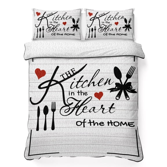 Kitchen Tableware 3 Piece Quilt Bedding Set with 2 Pillow Shams, Love Lightweight Bedspread Coverlet, Soft Breathable All Season Quilt, 68 x 86 Inch