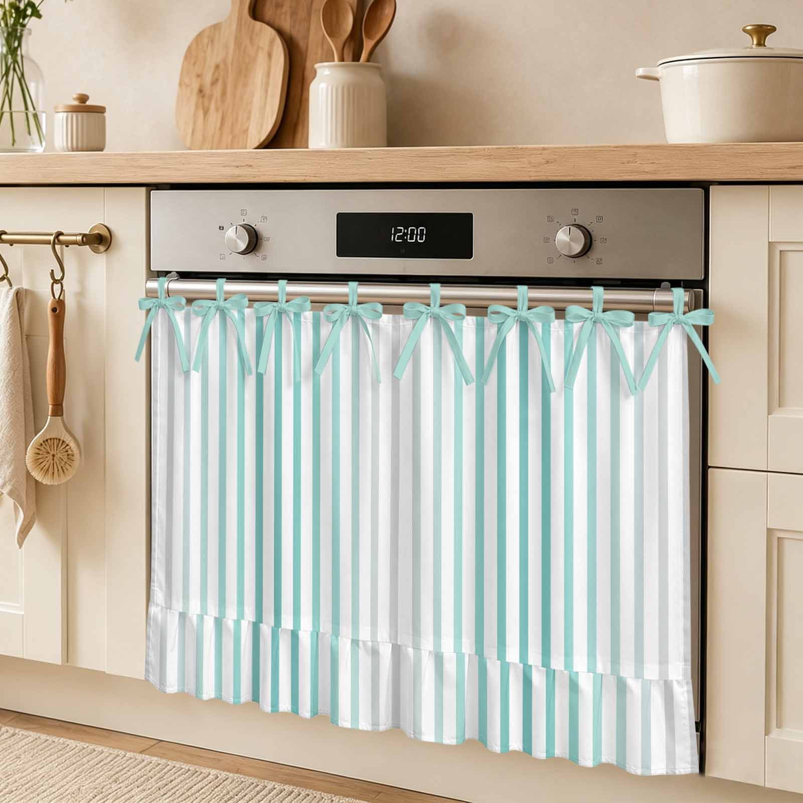 Teal Grey Stripe Oven Skirt Curtain Modern Minimalist Gradient Vertical Stripes Lines Tie Top Tier Curtains Stove Dishwasher Skirt Small Window Drapes for Kitchen Bathroom Cafe 32 x24