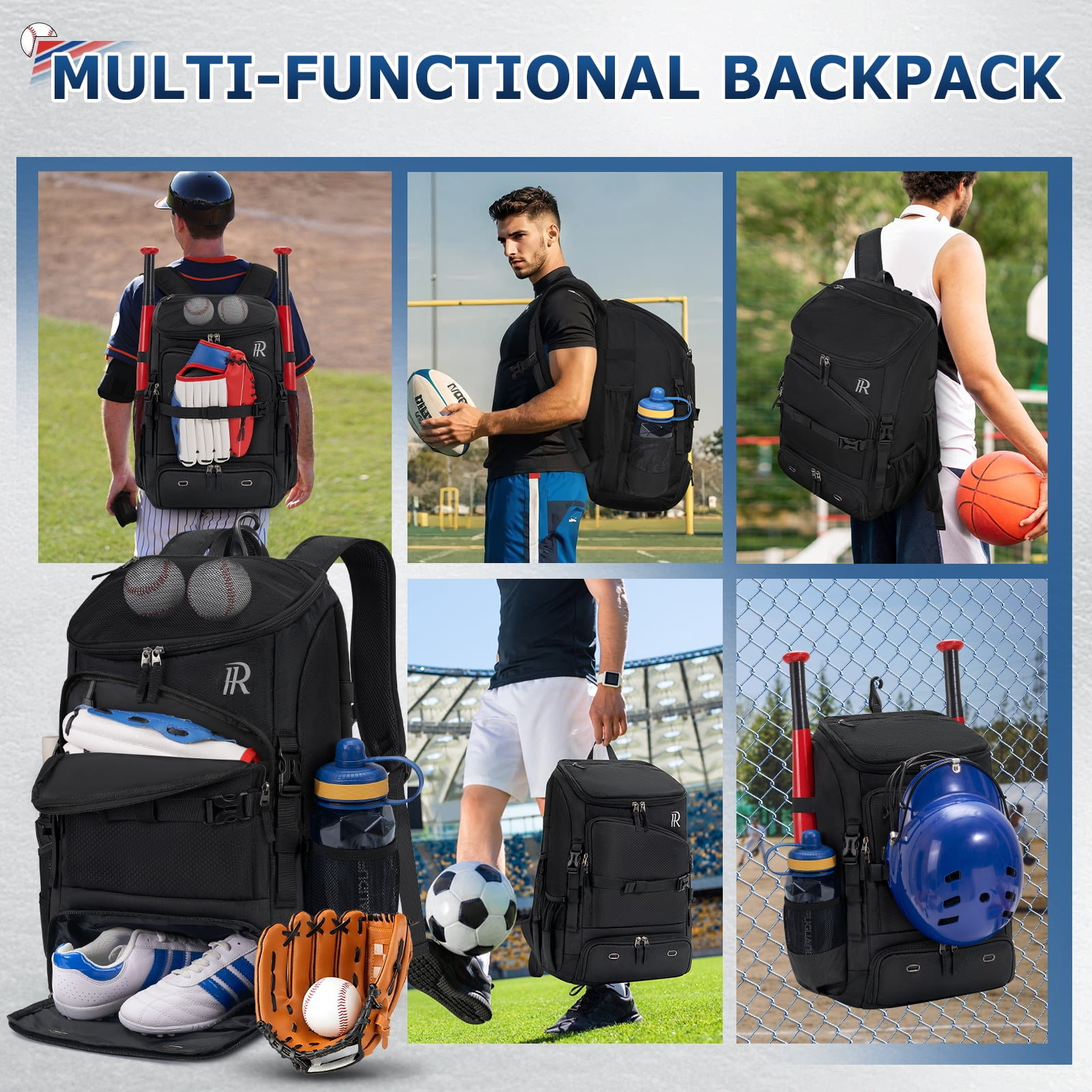 RAINSMORE Baseball Backpack 40L Large Softball Baseball Backapck with Helmet Holder, Shoe Compartment & Fence Hook, Durable Softball Gear Bag,Black