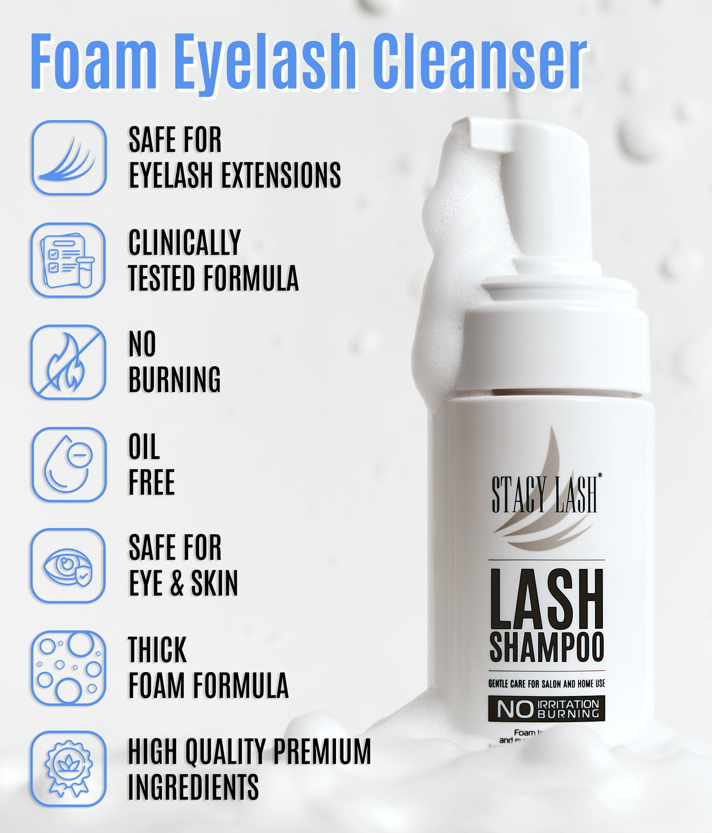Eyelash Extension Shampoo Stacy Lash + Brush / 50ml / Eyelid Foaming Cleanser/Wash for Extensions and Natural Lashes/Paraben & Sulfate Free Safe Makeup & Mascara Remover/Profession