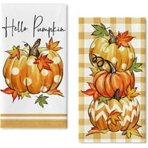 Fall Hello Pumpkin Patch Kitchen Dish Towels Set of 2, Autumn Maple Leaves Hand Towels Buffalo Plaid Check Drying Baking Cooking Cloth, Farmhouse Thanksgiving Home Kitchen Decor 18x26 Inch
