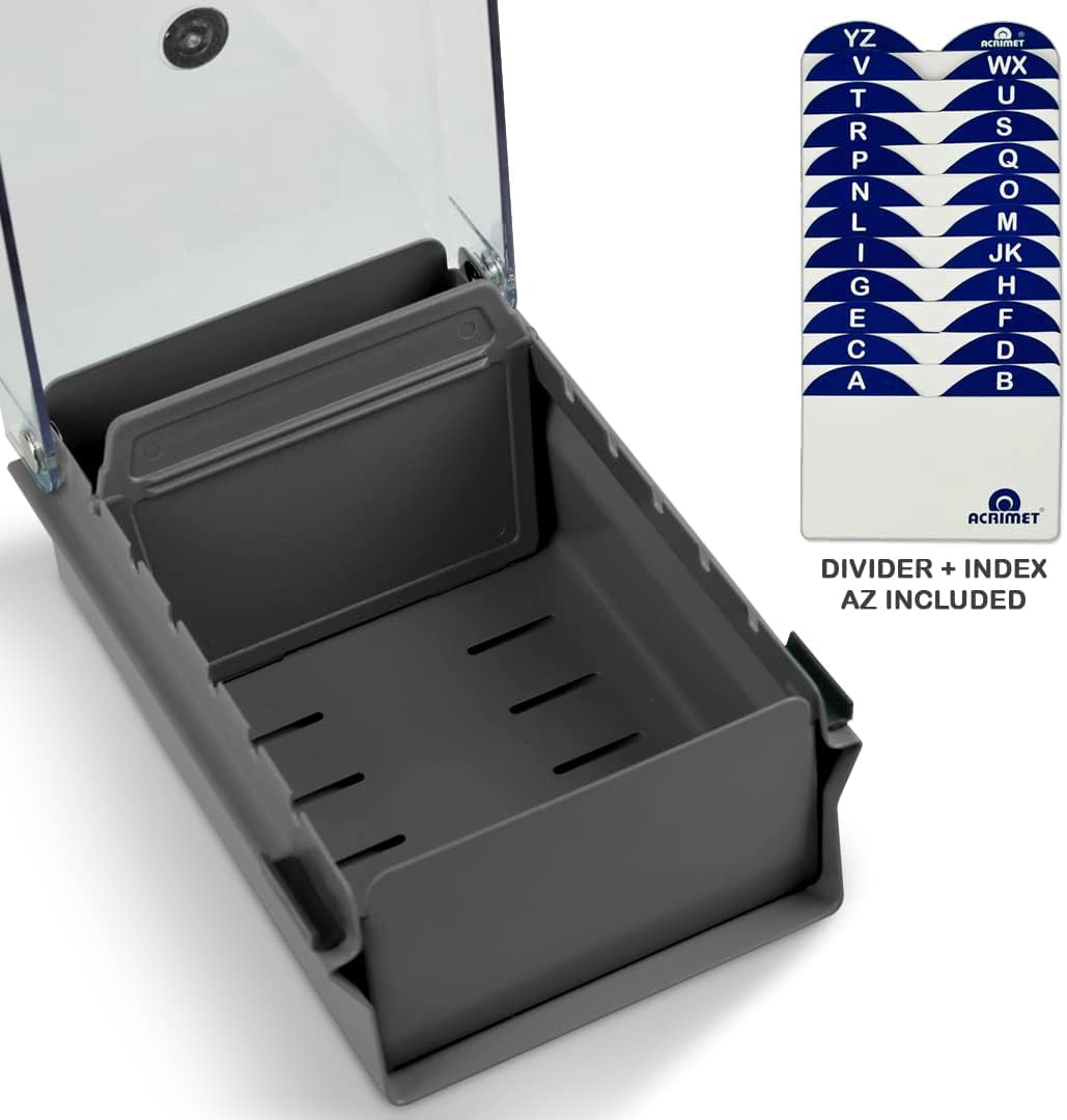 Acrimet Index Card File Holder Box, Metal Base, Heavy Duty, AZ Index Cards & Divider Included, Gray with Clear Crystal Lid