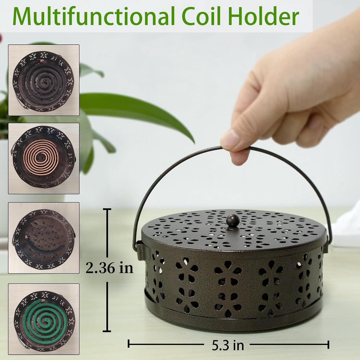Retro Portable Iron Mosquito Coil Holder Topboutique Metal Mosquito Coil Box with Handle Round Fireproof Incense Holder Hangable Mosquito Incense Plate Box for Home Office Camping(Bronze,1Pack)