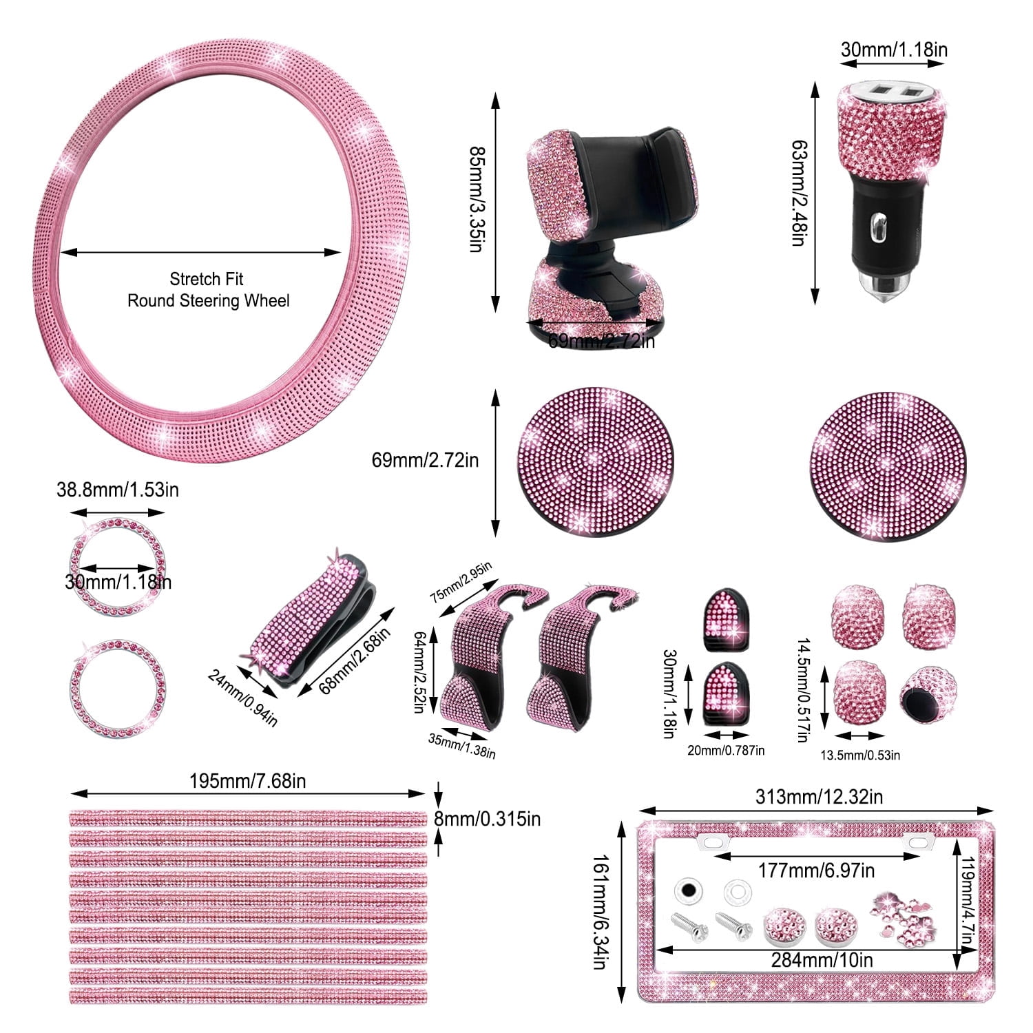 27 Pcs Bling Car Accessories Set for Women, 15 Inch Steering Wheel Covers, Universal Reinestone Vehicle Decorations, Pink