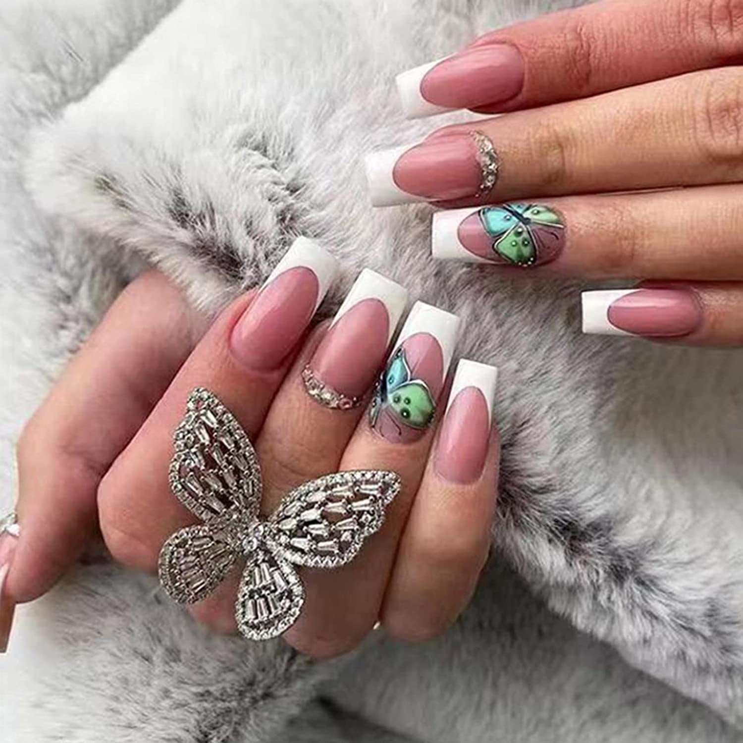 24Pcs Almond Press on Nails Butterfly Medium Length White French Tip Fake Nails Sparkle Rhinestones White Coffin False Nail Full Cover Artificial Acrylic Stick on Nail for Women DIY Manicure Nail Art - 24Pcs Almond Press on Nails Butterfly Medium Length White French Tip Fake Nails Sparkle Rhinestones White Coffin False Nail Full Cover Artificial Acrylic Stick on Nail for Women DIY Manicure Nail Art -