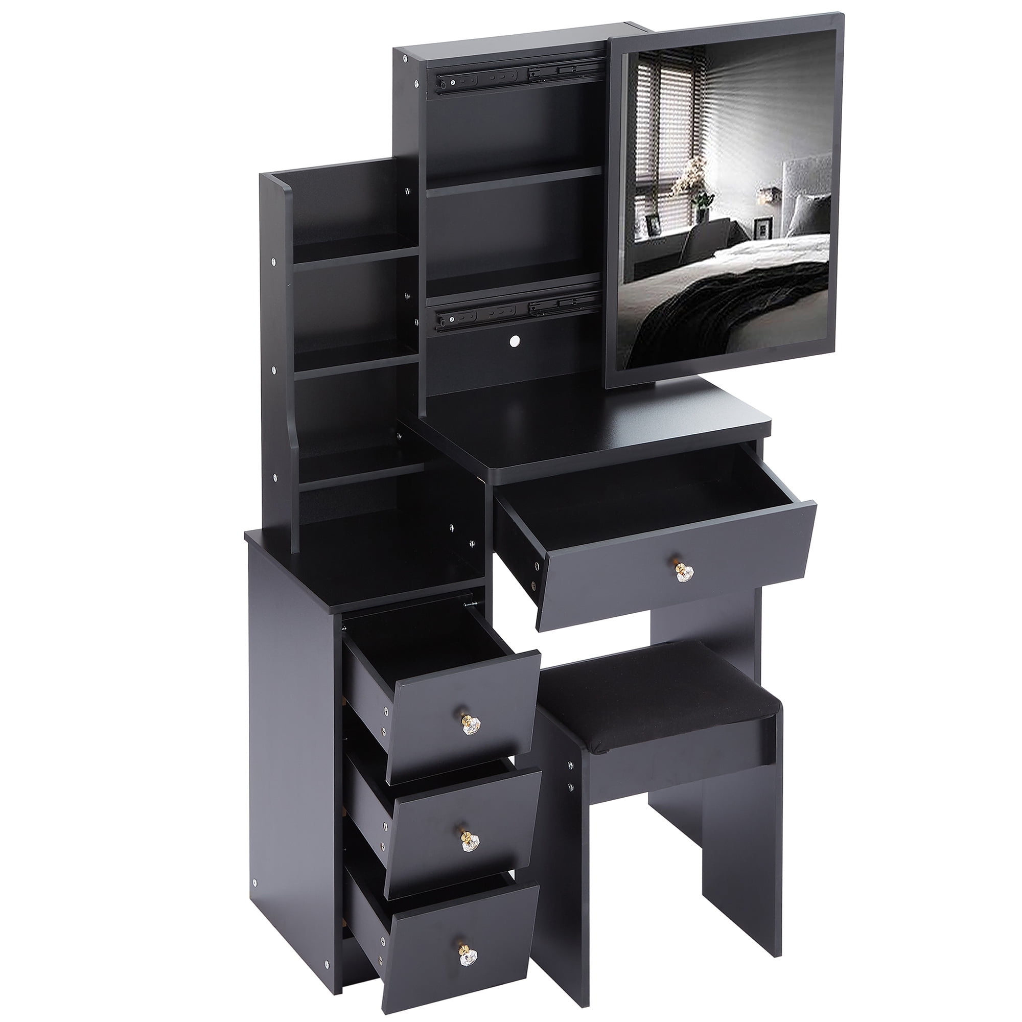 Bedside Cabinet Vanity Table + Cushioned Stool, Extra Large Sliding Mirror, Multi Layer, High Capacity Storage