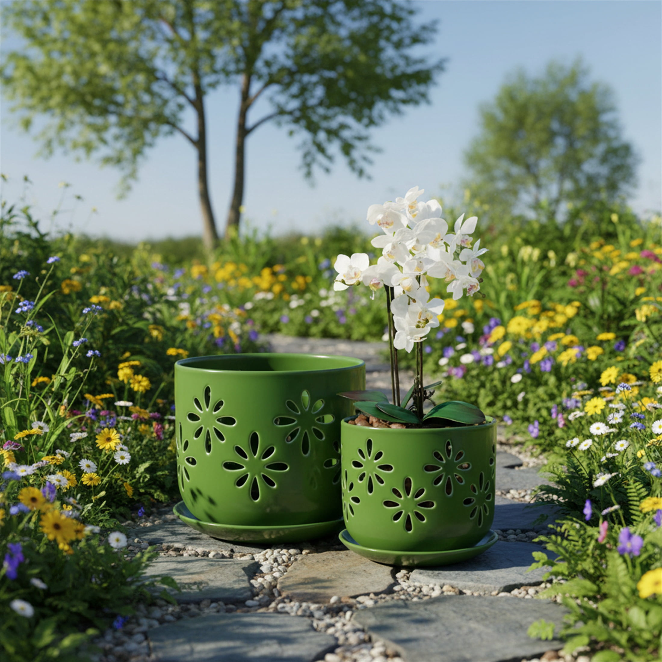 BUYMAX 5" & 6" Ceramic Orchid Pots with Holes and Trays, Blossom Geo Verdigris Patina, Set of 2