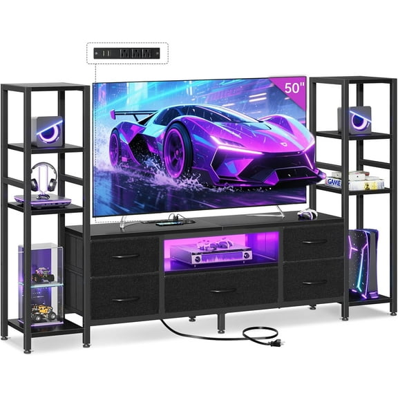 MY TV Stands for 40/43/50 Inch TV, Entertainment Center with LED Lights & Power Outlets, TV Stand Living Room with 5 Fabric Drawers, TV Console Cabinet for Bedroom, Black