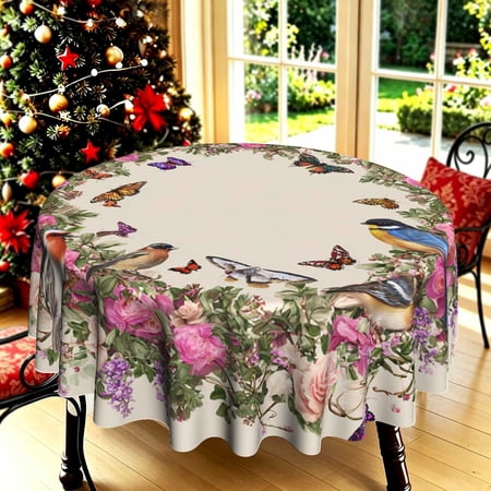 Romantic Floral Bird Butterfly Botanical Print Round Tablecloth Kitchen Living Festival Party Table Decor Decorative Round Table Cover Thanksgiving Christmas Gift