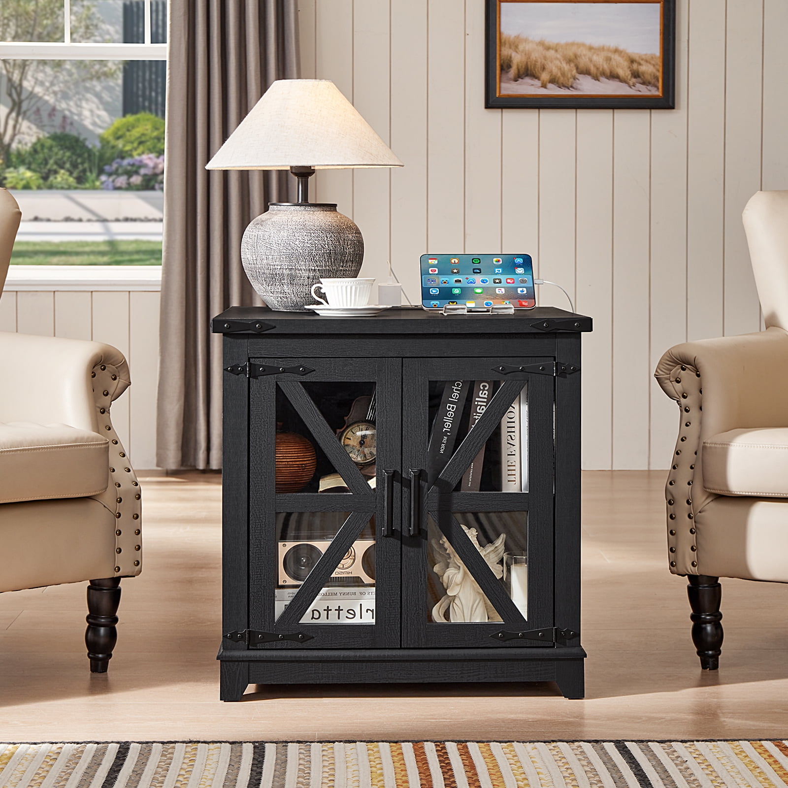Side Table with Charging Station, End Table with Storage Night Stand with USB Ports and Outlets Small Wooden Cabinet for Living Room and Bedroom Espresso, Black