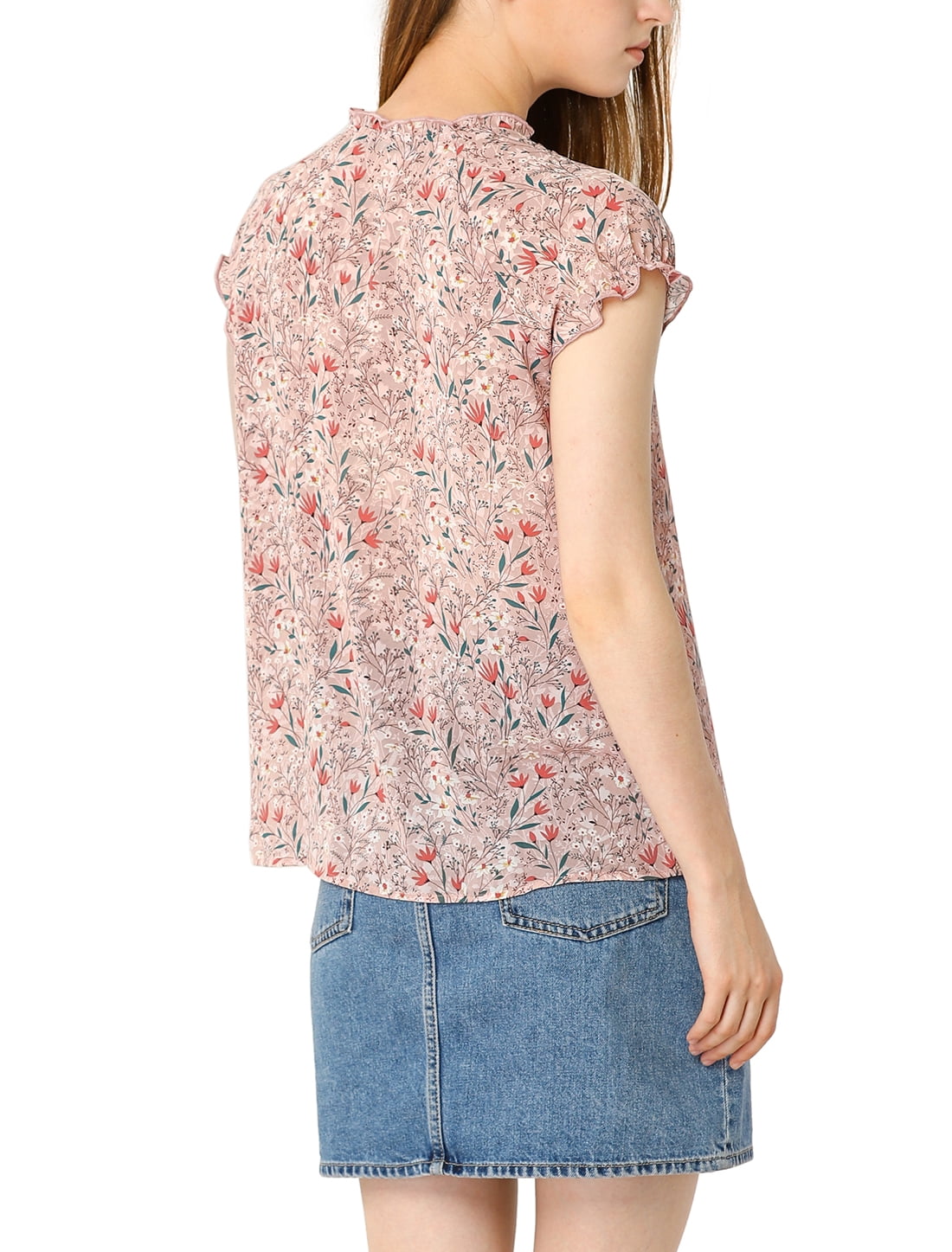 DARING DIVA Women's Ruffle V Neck Cap Sleeve Chiffon Floral Blouse Top M Pink