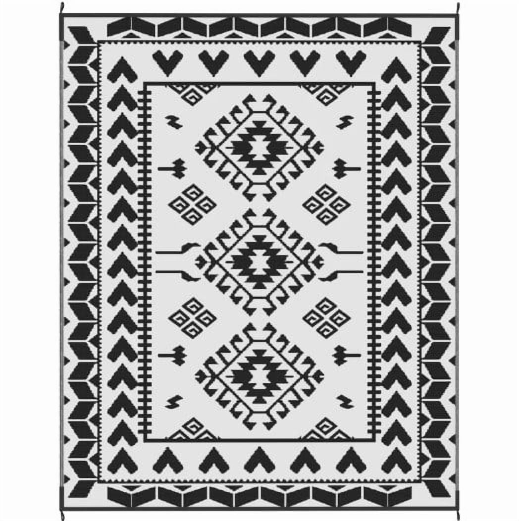 8' x 10' Black & White Rhombus Patchwork Reversible Outdoor Rug, Waterproof Patio Camping Mat with Carry Bag, Foldable Portable Indoor Outdoor RV Carpet