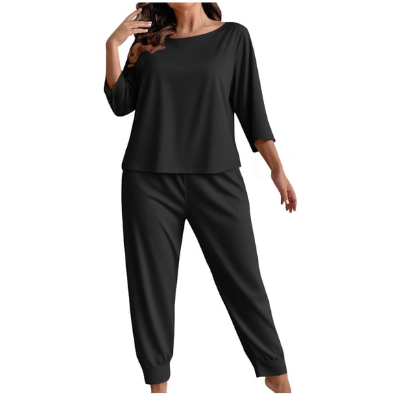 Kilaqueen Womens Pajama Sets Plus Size 3/4 Sleeve Crew Neck Tops and Wide Leg Pants Lightweight Casual Solid Color Soft Comfy Pajamas