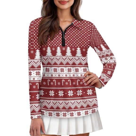 Jiueut Christmas Half Zip Pullover for Women, Quick Dry Uv Protection Long Sleeve Polo Shirt for Golf Running Hiking, Size Small