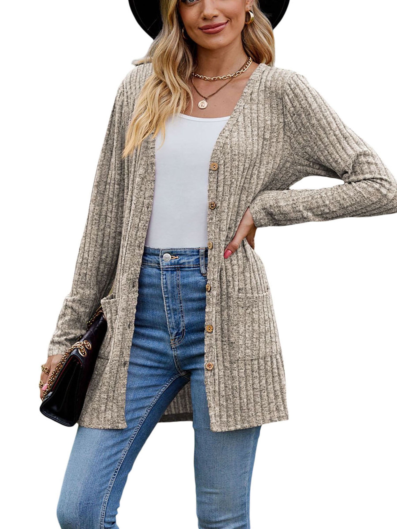 xiaxaixu Women Fashion V-Neck Cardigan Solid Color Rib Long Sleeve Sweater Button-Down Fall Casual Soft Knit Coat