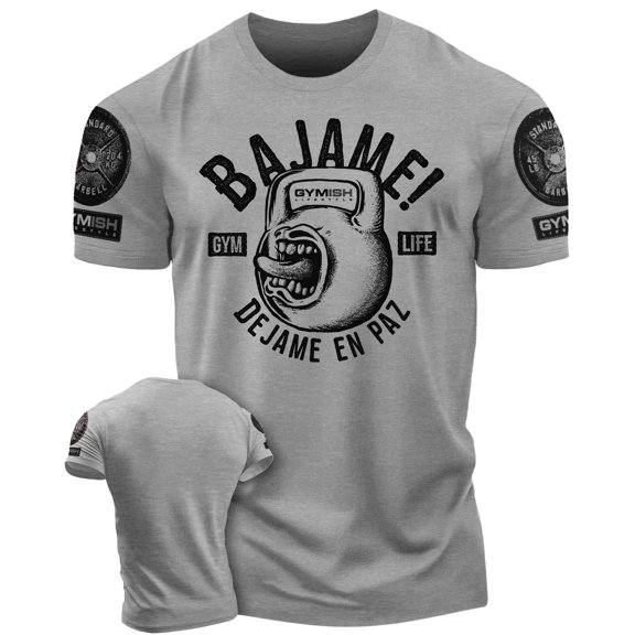Bájame! Déjame en Paz Workout Gym T-Shirt Funny Gym Shirt for Men Training Gym T-Shirt, Heather Grey with Sleeve Logo, Small