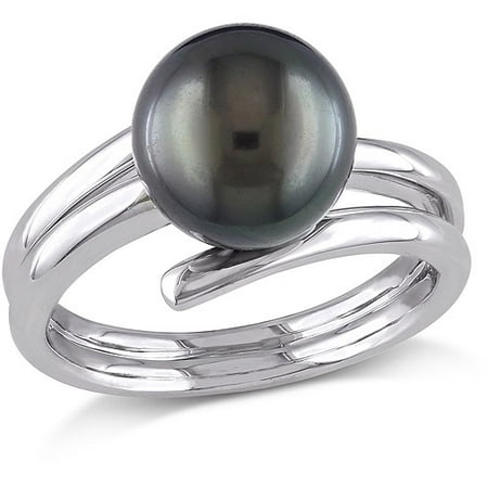 9.5-10mm Black Round Tahitian Pearl Sterling Silver Bypass Cocktail Ring