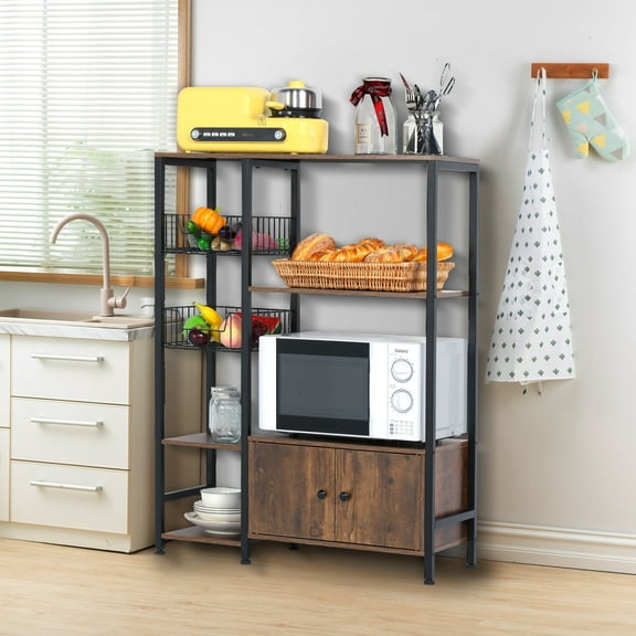NAIYUFA 5-Tier Kitchen Bakers Rack,Microwave Oven Stand Wood Brown Shelf with Cabinet