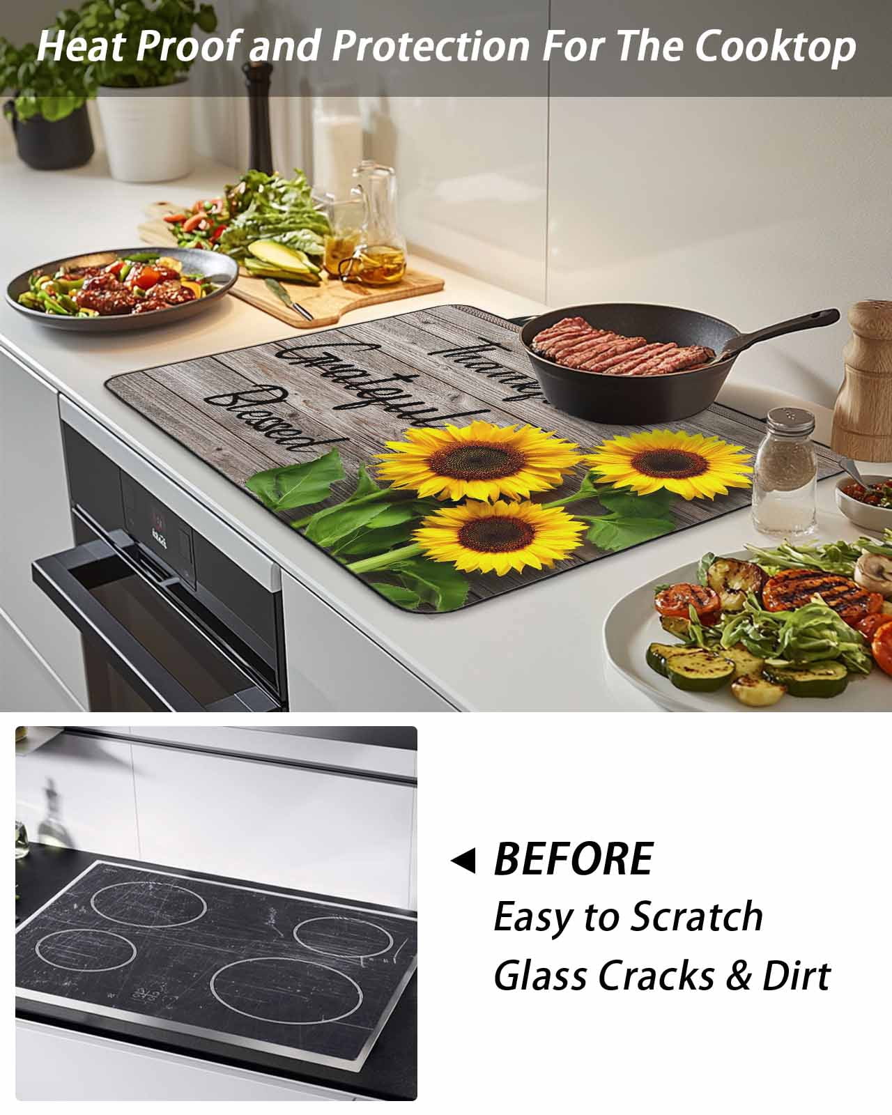 Stove Top Covers for Electric Stove, Farm Sunflower Glass Stovetop Cover Protector, Positive Floral Vintage Brown Wooden Induction Cooktop Protector Oven Mat for Kitchen Countertop 24"x21"