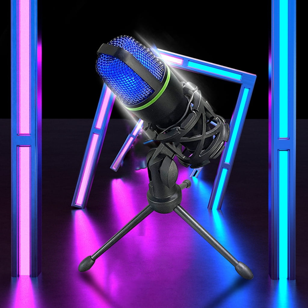 LED Condenser Microphone Professional Mic for Gaming Karaoke Singing and Recording with Stand Plug and Play