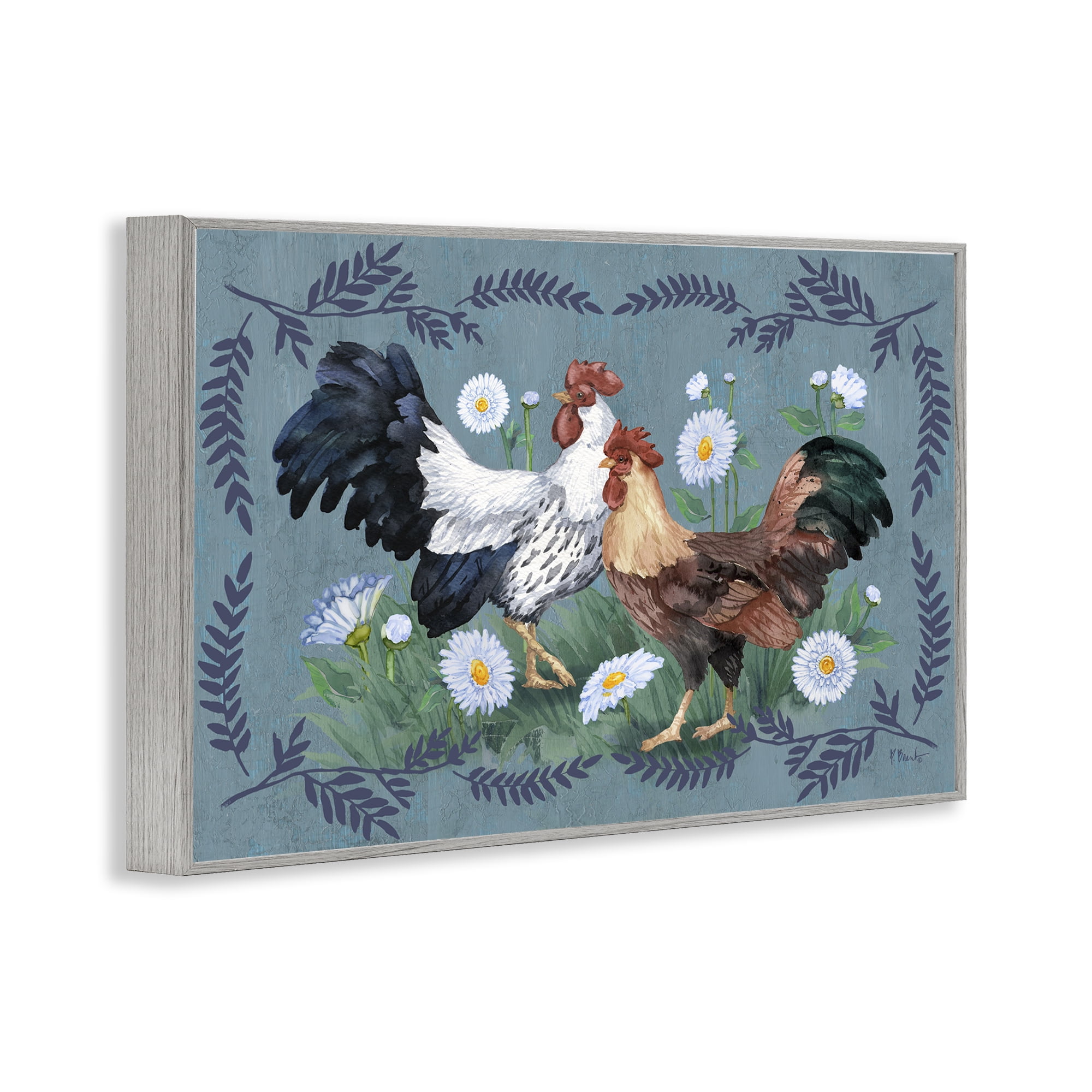 Stupell Industries Roosters with Fern Trim Animals & Insects Painting Gray Framed Art Print Wall Art, 30 x 20