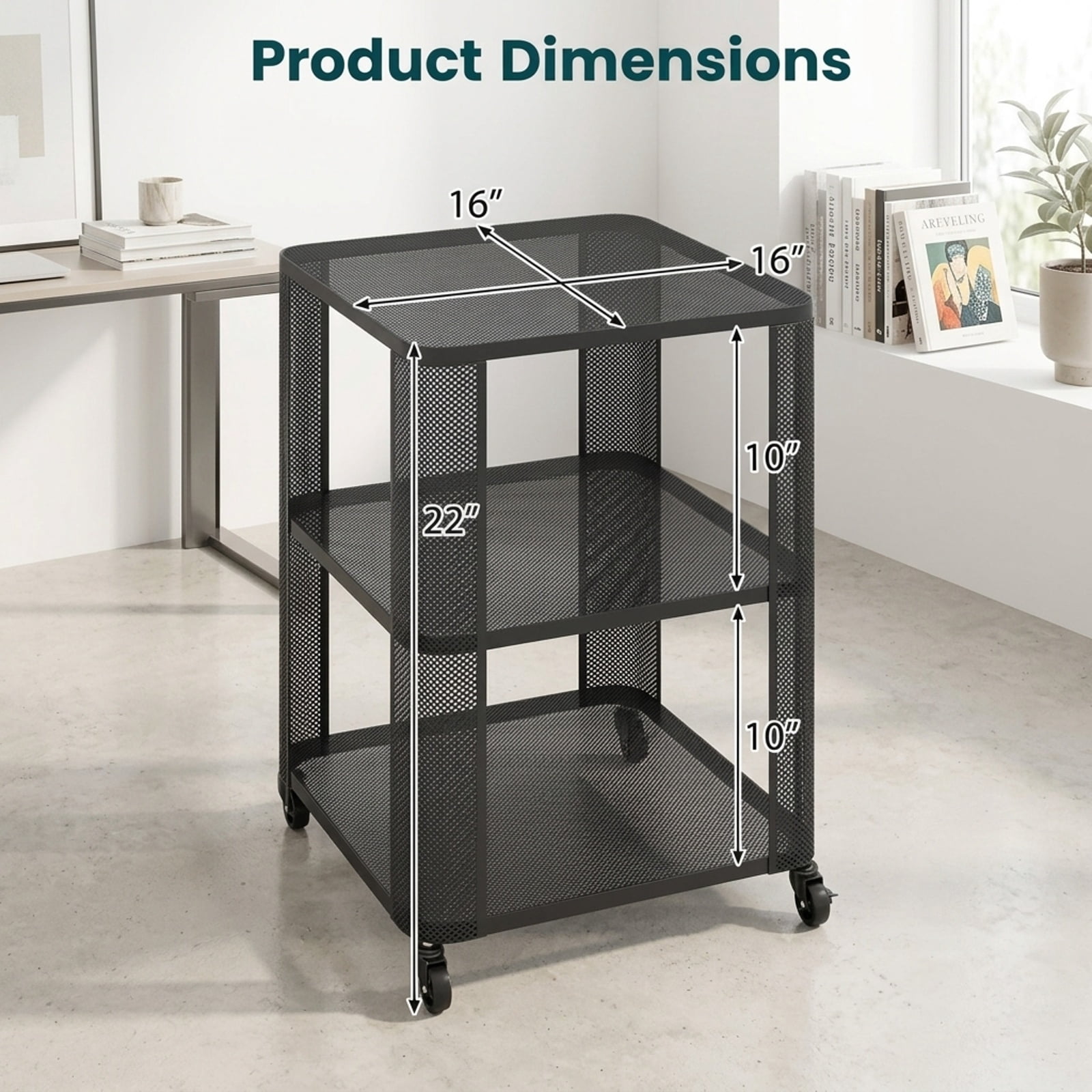 Furnibear 3 Tier Rolling End Table with Locking Casters and Metal Mesh Storage Shelves for Living Room Bedroom Apartment and Dorm, Black