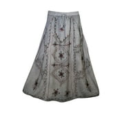 Mogul Womens Skirt Grey Floral Embroidered Peasant Rayon Boho Chic Long Skirts