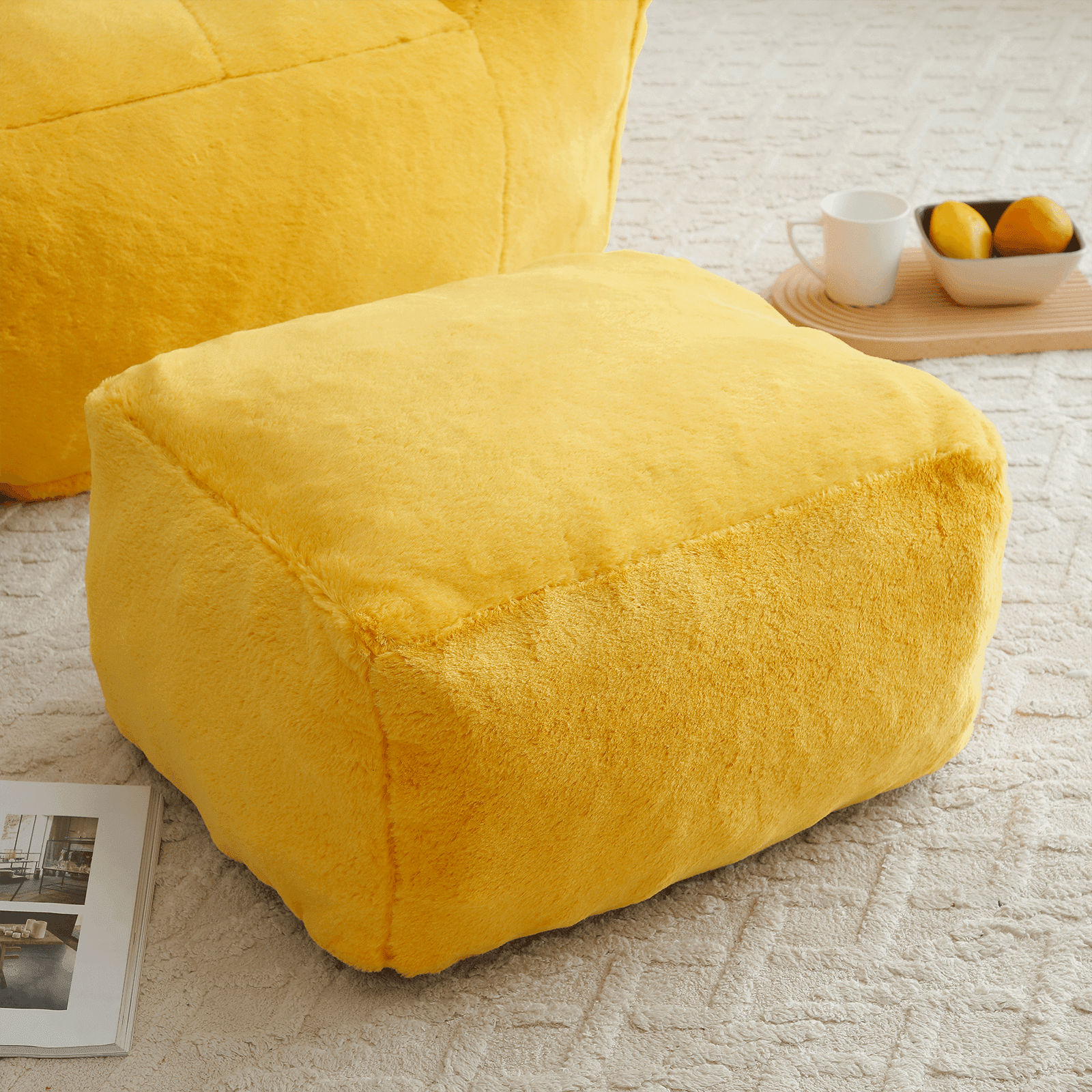 Lovableguy Oversized Bean Bag Chair for Adults and Kids,Shell-Shaped Fluffy Faux Fur Lazy Floor Sofa with Foot Stool for Living Room,Dorm,Yellow