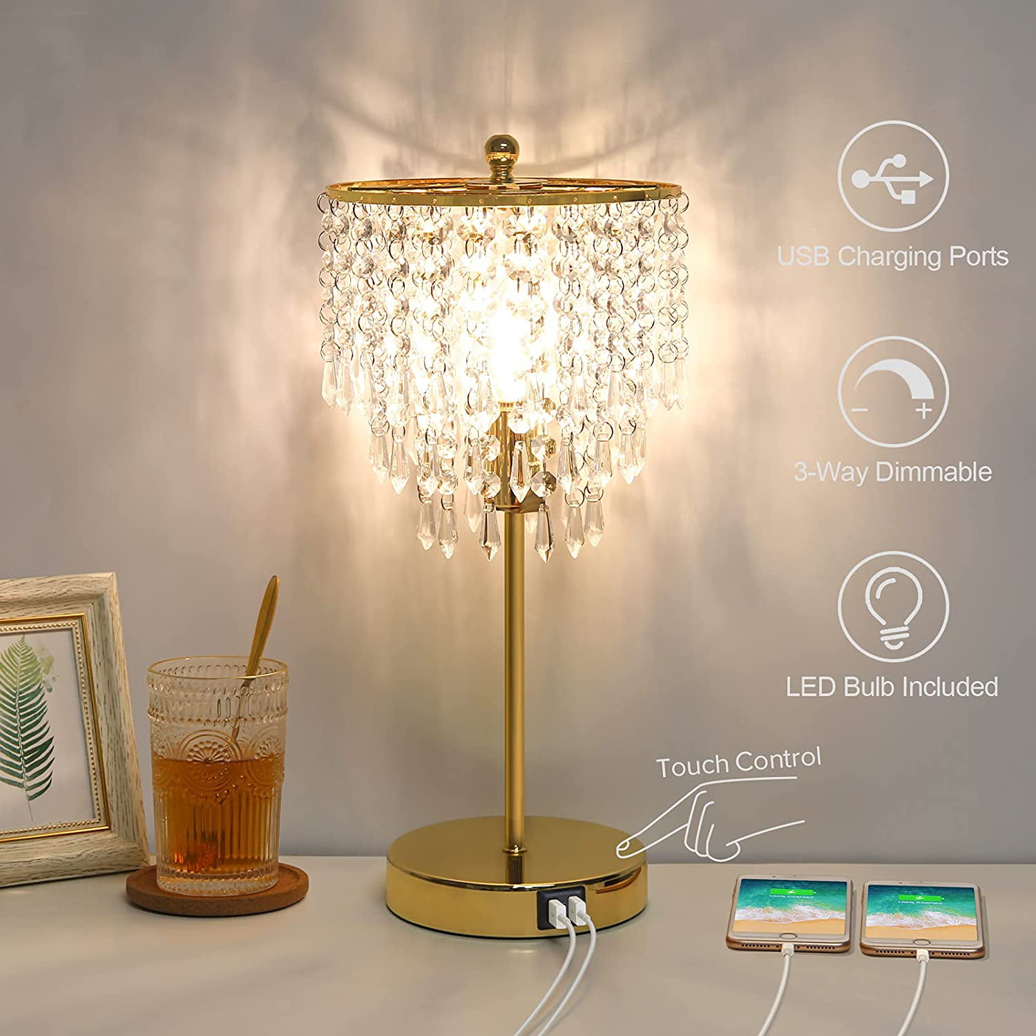 Crystal Table Lamp Dimmable Light, Usb Rechargeable Lamp For
