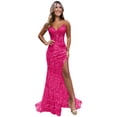 thumbnail image 1 of Vestido de fiesta JKMMYO rosa intenso con lentejuelas y cuello en V, aplique de encaje 2025, 1 of 7