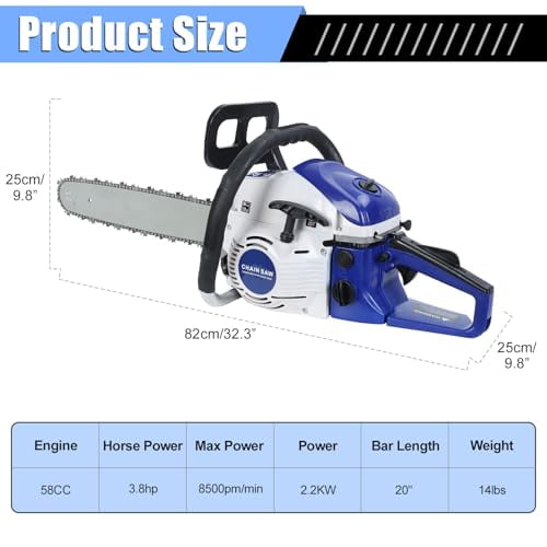 YNCE 58CC 20 Inch 2-Cycle Gas Powered Chainsaw, 8500r/min 3 HP Chainsaw Gas Powered, Low Kickback, Anti-Vibration, Protective Design for Tree Wood Cutting(Red)