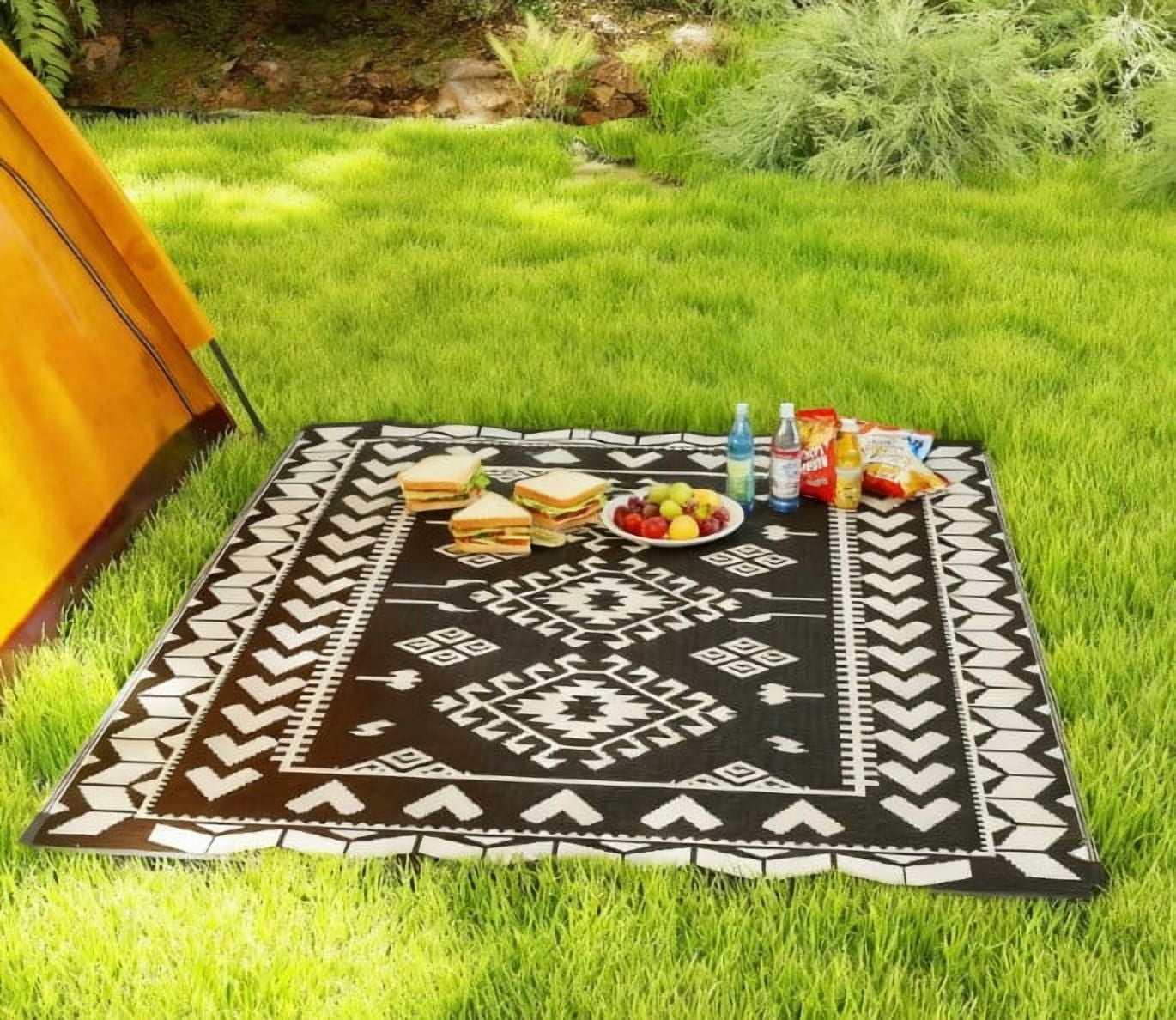 8' x 10' Black & White Rhombus Patchwork Reversible Outdoor Rug, Waterproof Patio Camping Mat with Carry Bag, Foldable Portable Indoor Outdoor RV Carpet