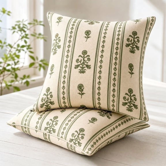 PiGOGI Set of 2 Vintage Green Floral Stripe Throw Pillow Covers Decorative Cushion Cases