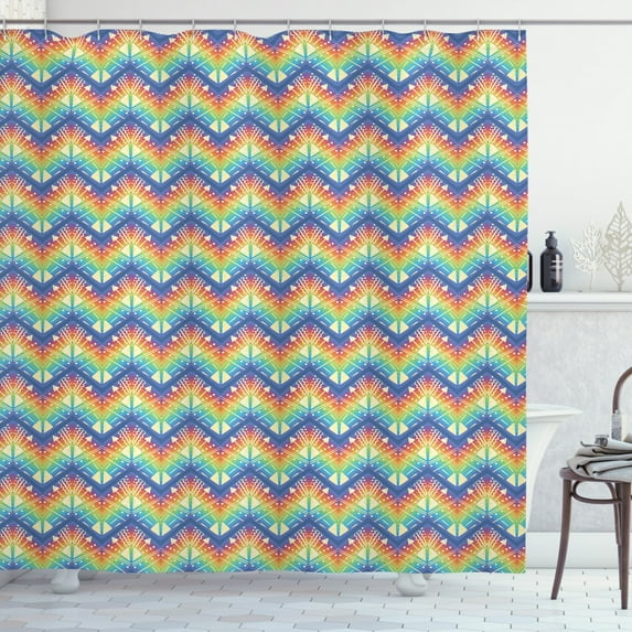 Psychedelic Shower Curtain, Retro Style Rainbow Chevron Ornament with Tribal Native Cultural Art Motifs, Fabric Bathroom Set with Hooks, 69W X 75L Inches Long, Multicolor, by Ambesonne