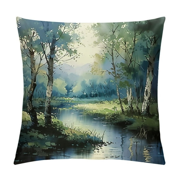 Creowell Pillowcase Pillow Covers Birch Tree Throw Pillows, Blue Landscape Nature Forest Outdoor Pillowcase Teal Mountain River Fall Cushion Case Decor for Home Sofa Couch Bed Short Plush Pillowcase