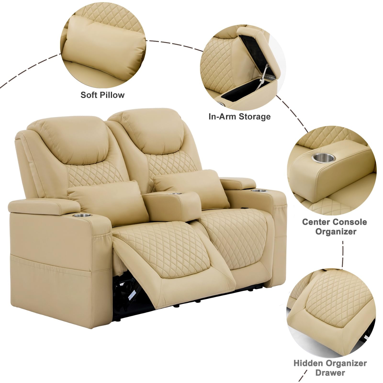 61" RV Loveseat Recliner, Double Recliner Furniture with 3 Arms and 2 Pillows, Wall Hugger Recliners & 135° Reclining Theater Seating (Beige PU Leather RV Couch)