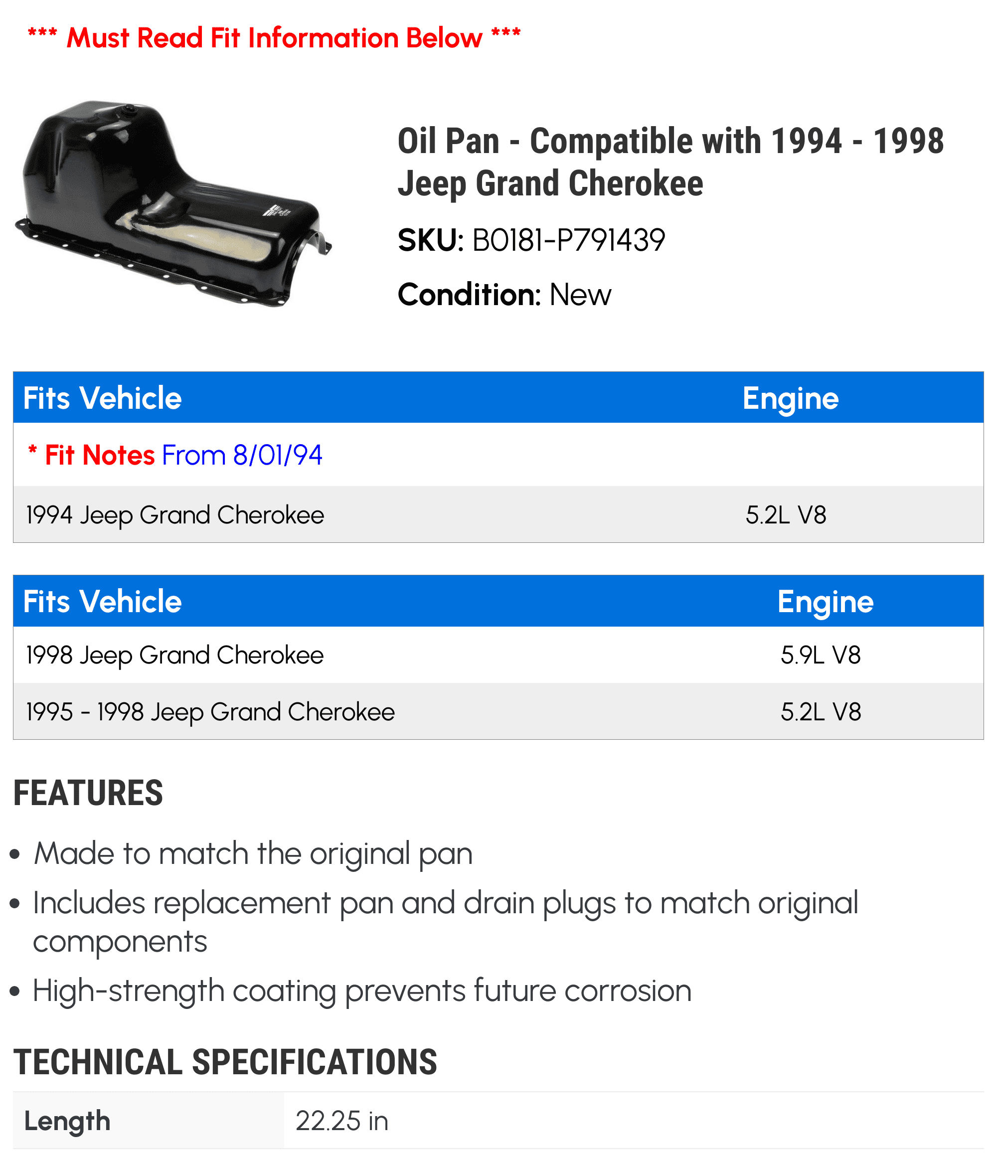 Oil Pan - Compatible with 1994 - 1998 Jeep Grand Cherokee - Dorman