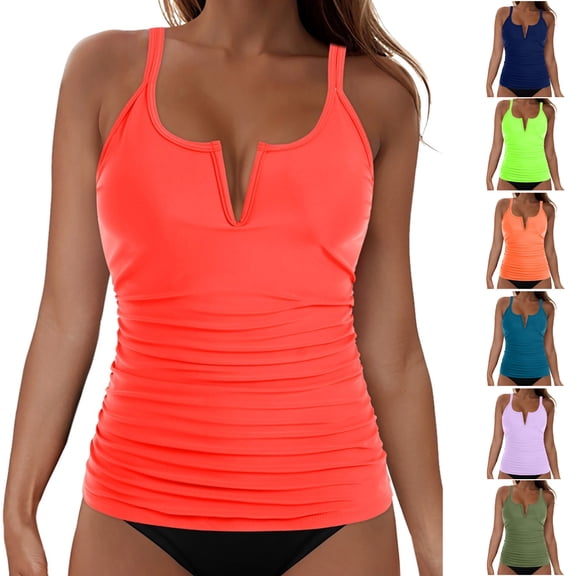 LEKWK Tankini Swimsuits for Women 2 Piece Split V Neck Ruched Top Tummy Control Bottoms Slimming Bathing Suits Summer Beach Pool Holiday Swimwear