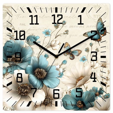 Teal Tulips Wooden Wall Clock Silent Non Ticking Vintage Farmhosue Turquoise Floral Butterflies Square Wall Clocks Battery Operated Decor Clock for Home Office Living Room Kitchen 12 Inch