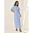 thumbnail image 3 of Petite Womens Blue Striped Linen Blend Ruched Waist Short Sleeve Maxi Dress, 3 of 8