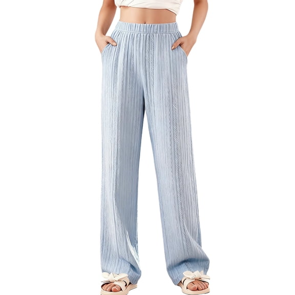 Scyoekwg Wide Leg Sweatpants Girls Solid Color Comfy Cotton Elastic Waistband Wide Legs Pants Casual Spring Fashion Baggy Pants Blue 7-8 Years