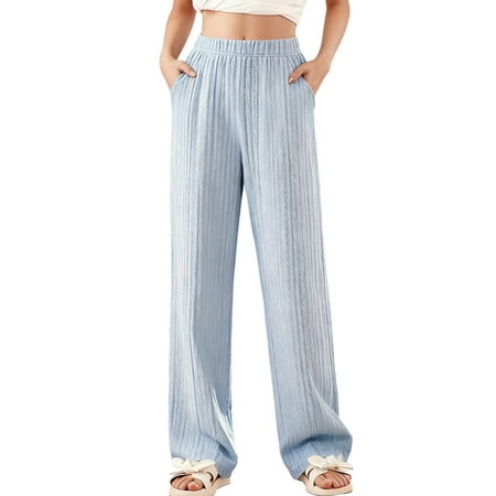 AHTJRT Kids Ribbed Wide Leg Pants High Elastic Waist Pants with Pockets Lightweight Cotton Comfy Soft Lounge Trousers Blue 5-6 Years