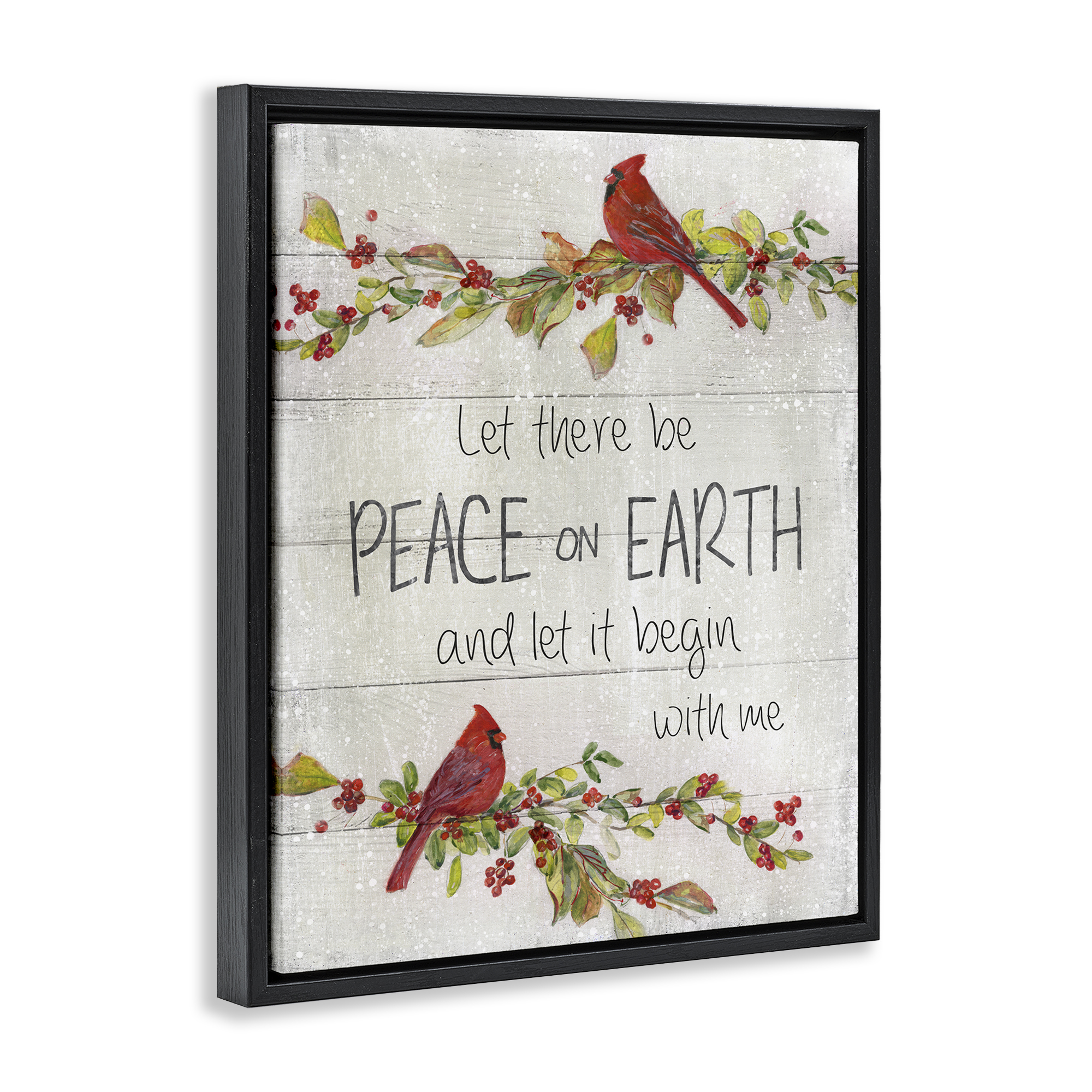 Stupell Industries Peace On Earth With Me Holiday Painting Black Floater Framed Canvas Art Prints Wall Art, 25 x 31