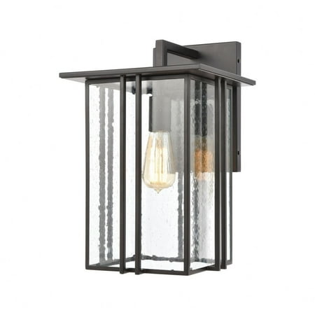

Exposed Bulb One Light Wall Outdoor Sconce Rectangular Mission Style Porch Light with Thin Parallel Lines Matte Black Finish with Seedy Glass Bailey