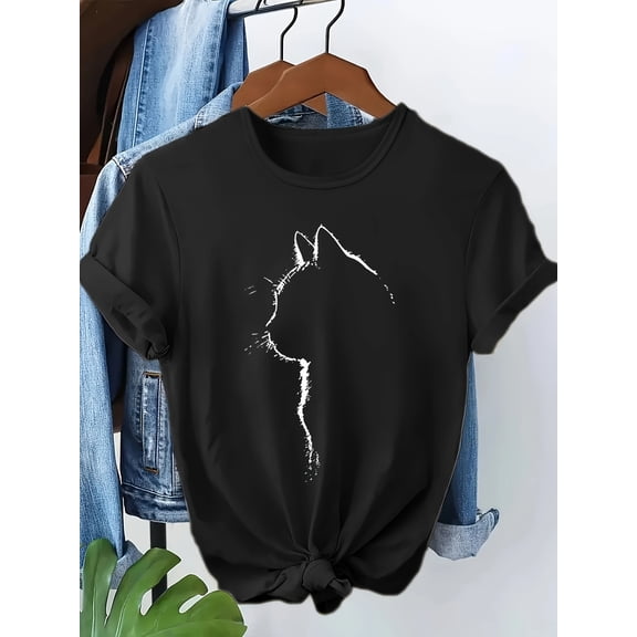 Minimalist Cat Silhouette Graphic T-Shirt, Women's Simple Cat Tee, Delicate Line Art Design