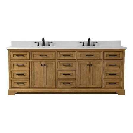 Design Element Milano 84" Double Sink Bath Vanity in Oak with White Quartz Top